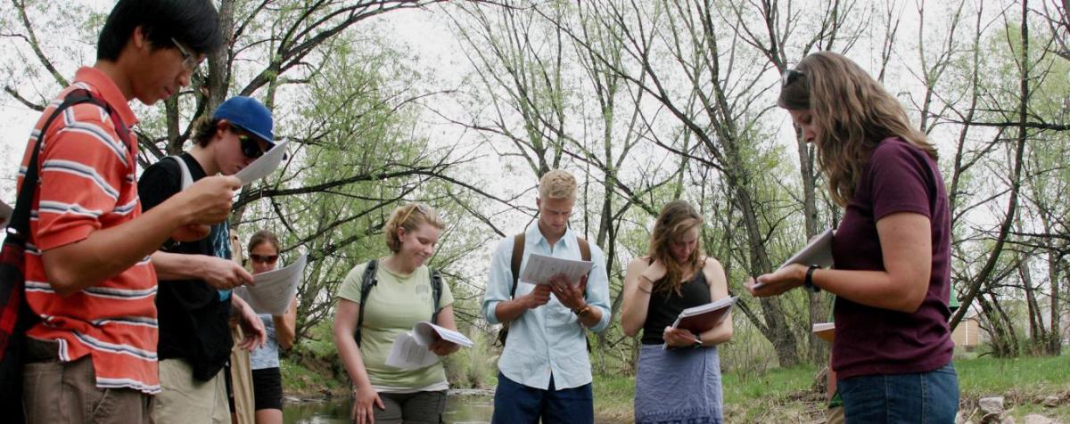 Science students work out in the field with their professor.